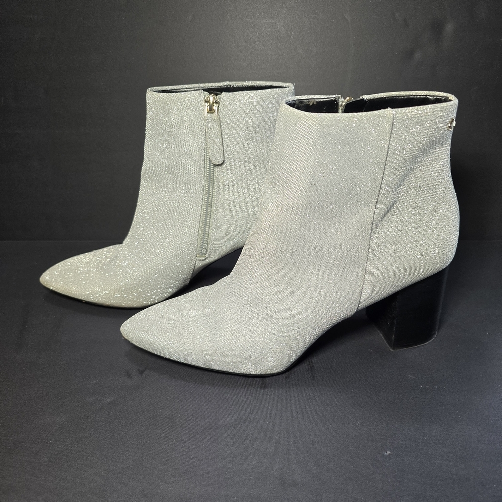 Kate Spade Giselle Booties Silver Glitter Lurex Fabric Size 9B Women Block Heel